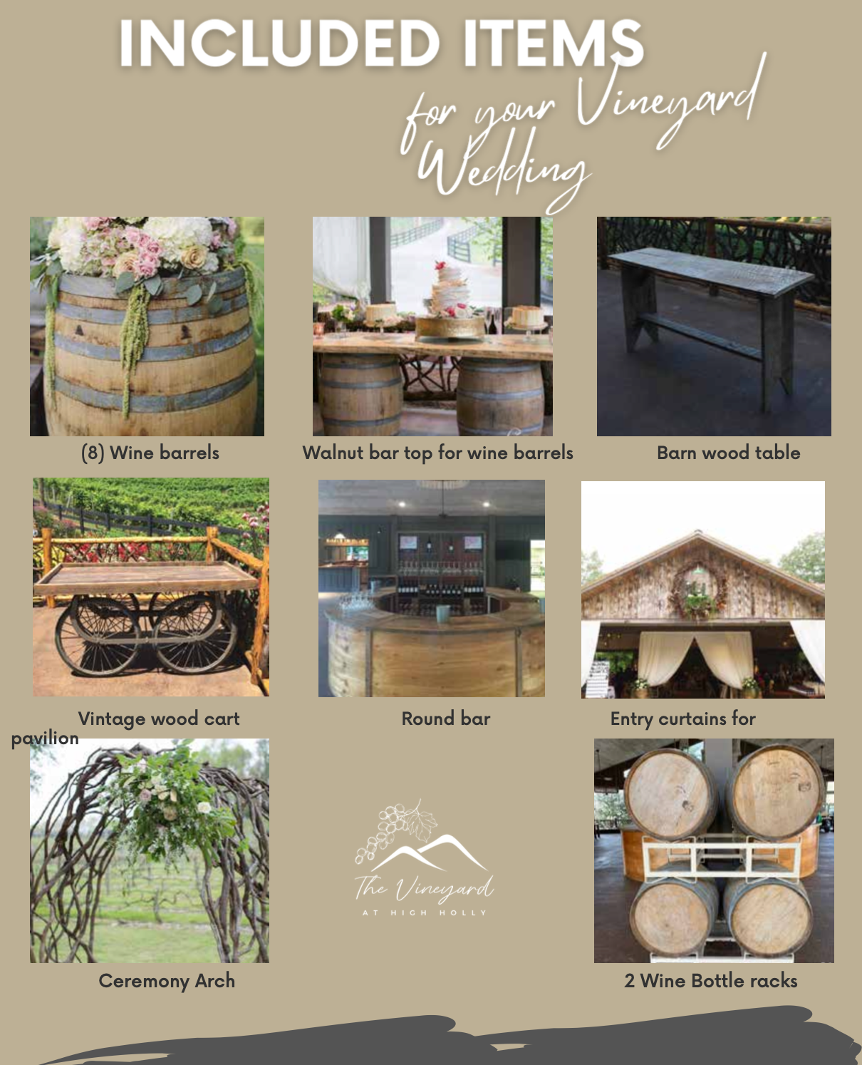 Collage of vineyard wedding items including wine barrels, walnut bar, barn table, vintage cart, round bar, entry curtains, ceremony arch, and wine bottle racks.