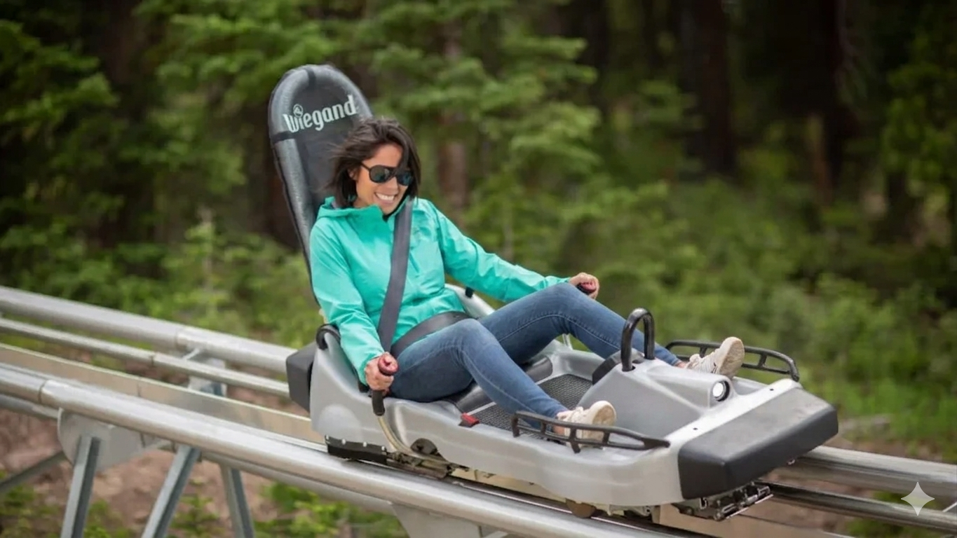 A woman in a turquoise jacket smiling while riding an alpine mountain coaster at Camp Corkscrew in the North Carolina mountains.