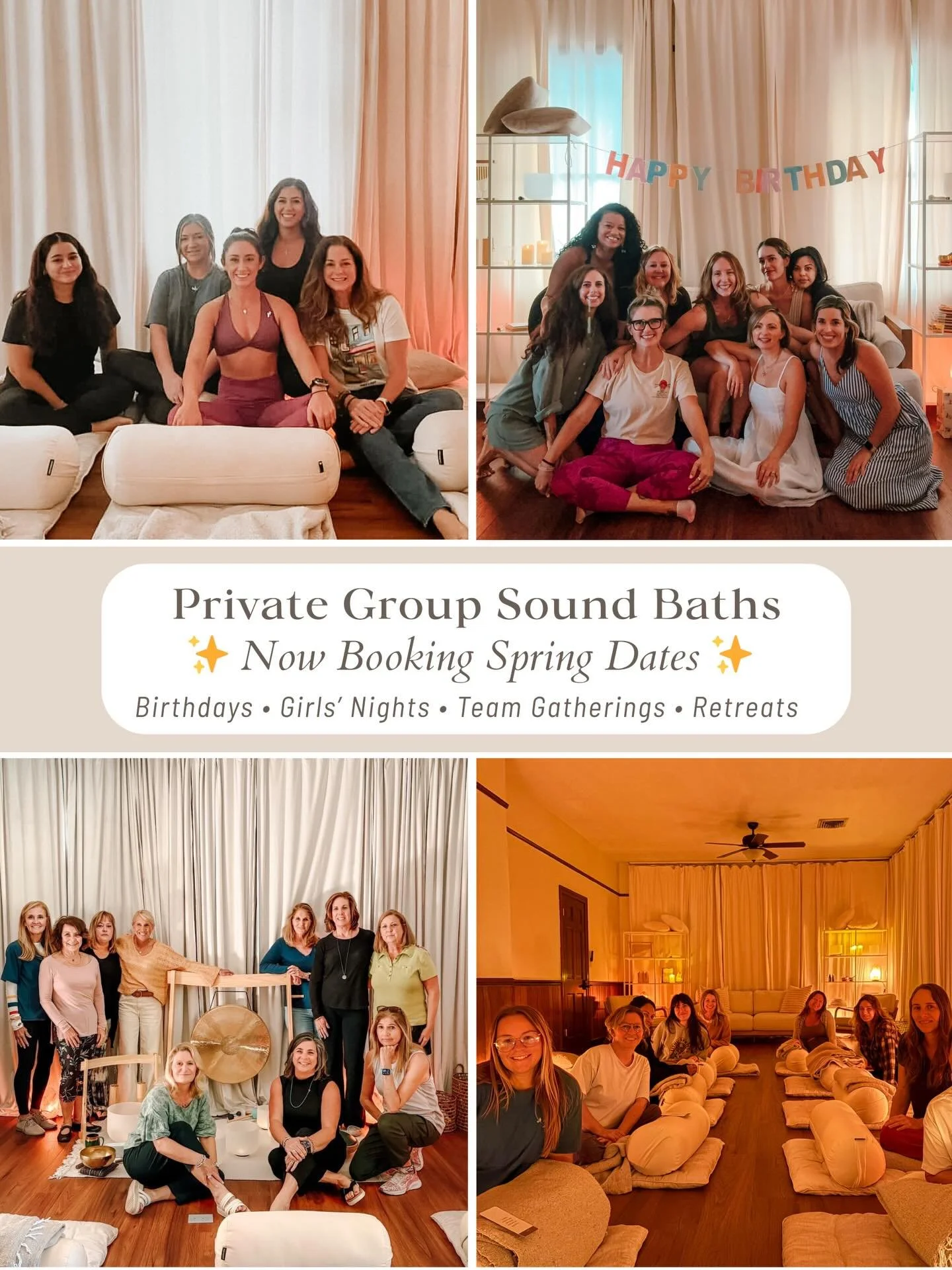 Gather your friends, loved ones, or team for a private sound bath experience designed to deepen connection and invite meaningful rest.

Each gathering includes cozy floor cushions, bolsters, blankets, soft lighting, grounding instruments, and herbal 