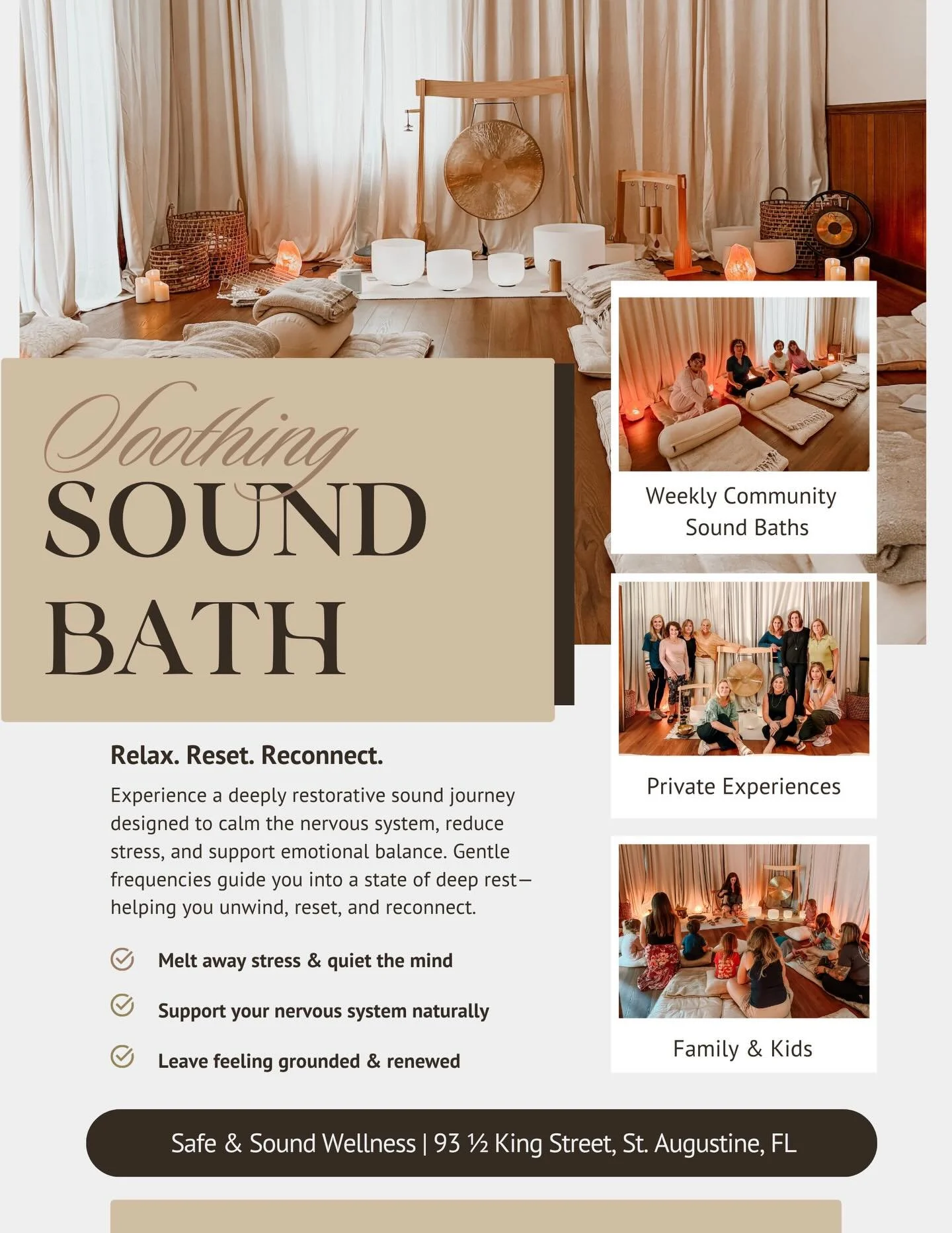 ✨ There&rsquo;s nothing quite like an hour of pure stillness to bring you back to yourself.

Sound baths are one of the most gentle, accessible ways to give your nervous system a full reset, and we&rsquo;ve made it easy to drop in right here in St. A