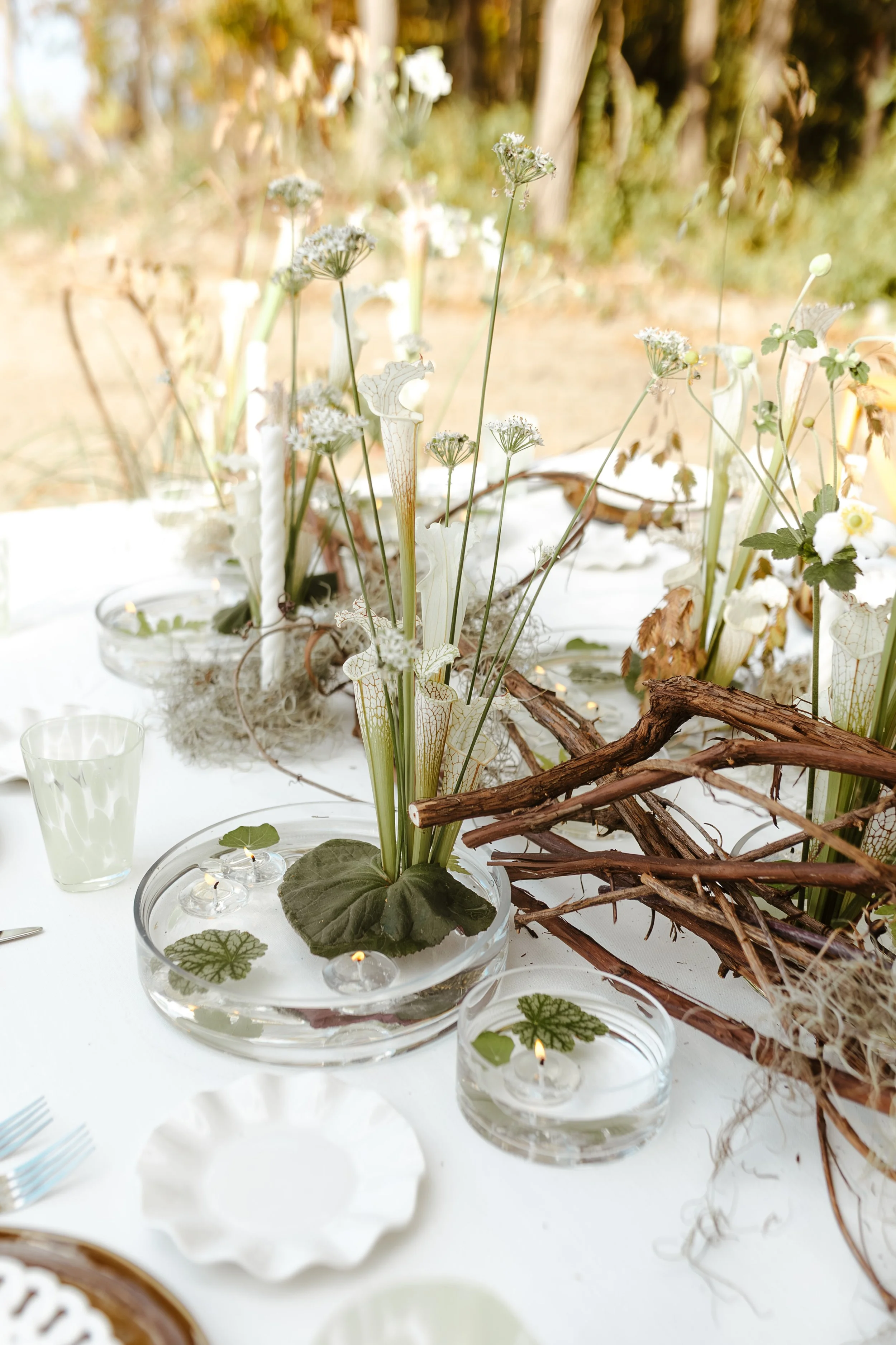 Elegant outdoor table setting with glass bowls containing floating candles and green leaves, surrounded by dried branches and tall white and green flowers, set against a natural background.