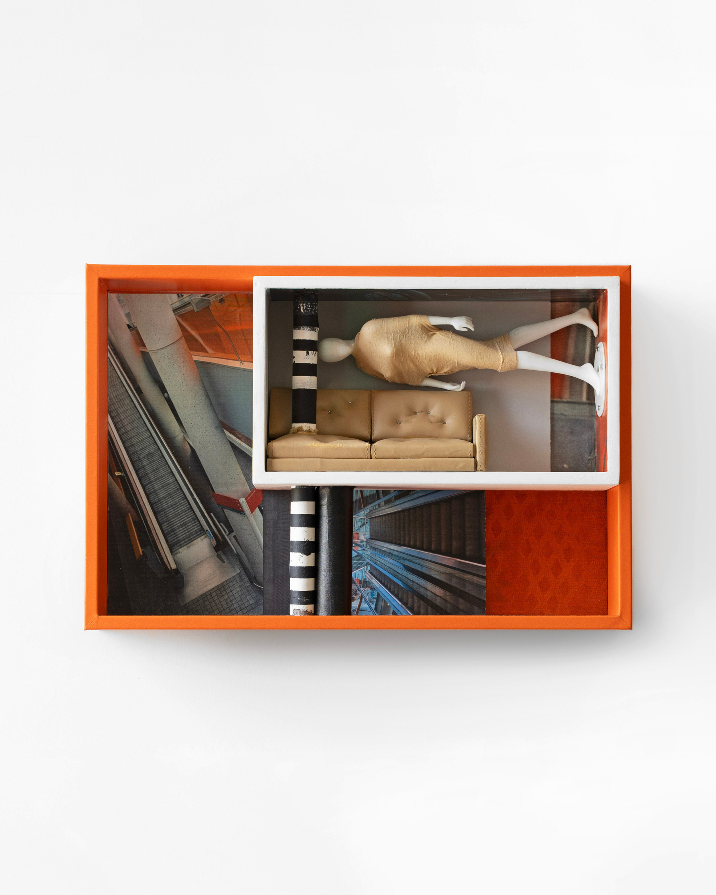 Loucia Carlier  
Soft crash in display unit, 2026 
Wood, leather, pvc, various materials 
30 x 45 cm  
 11.81 x 17.72 in  