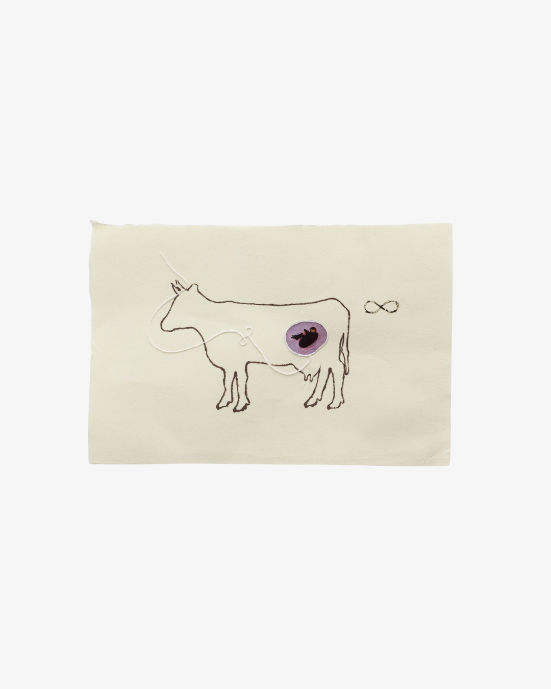 Polina Osipova  
I told my whole life to a cow, 2025 
Application on Japanese washi paper, self portrait, linen, pencil 
22 x 33 cm 
8.86 in. x 12.99 in. 