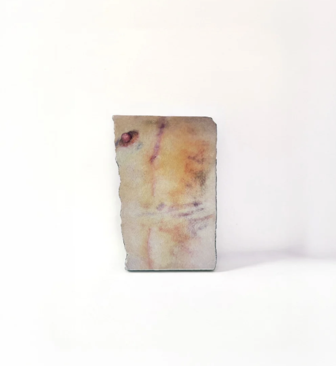Marián Roma    
"vessel", 2024  
Quarry slab with photo transfer on paper clay  
11.7 x 20.5 x 2 cm  
4.61 × 8.07 × 0.79 in  