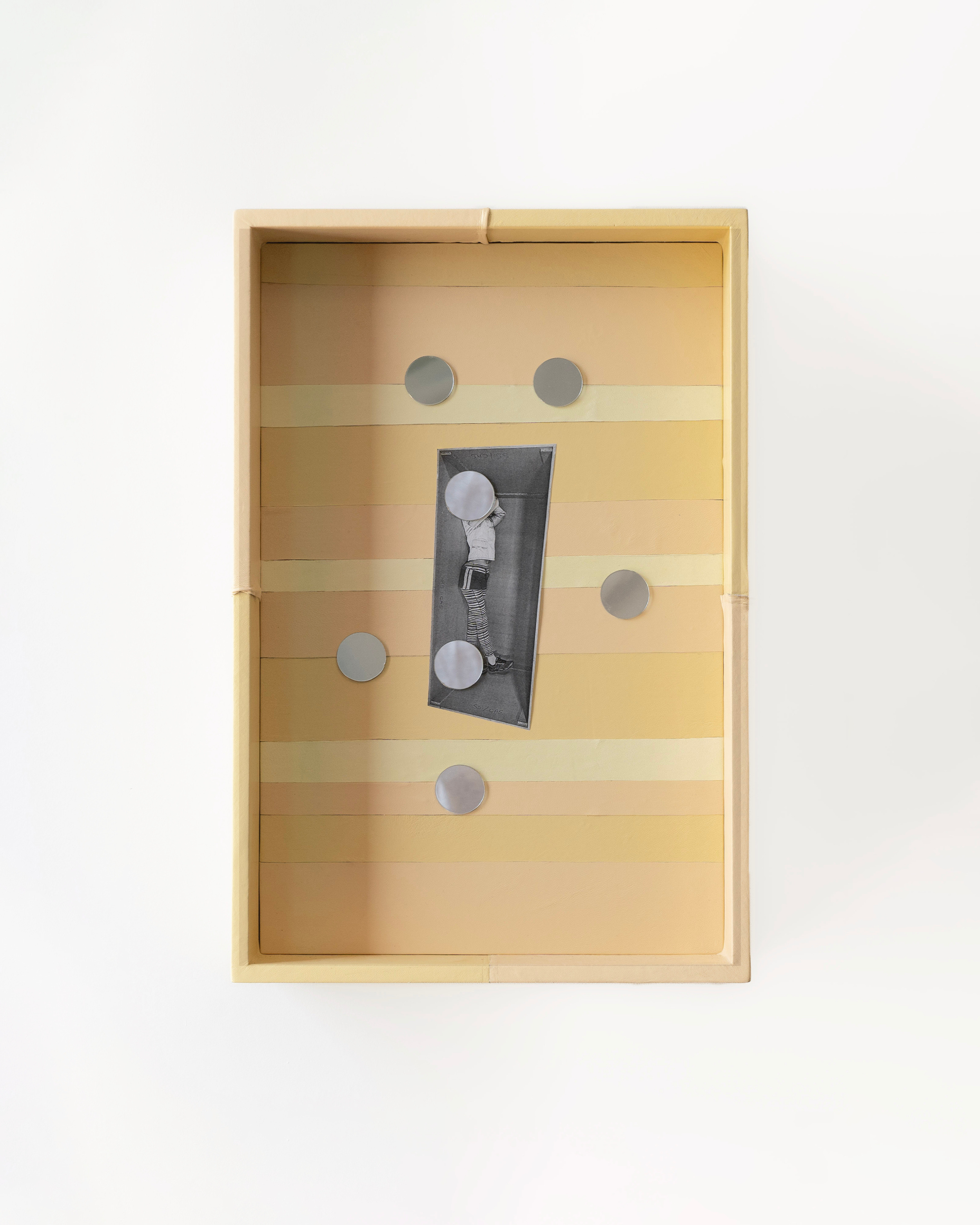 Loucia Carlier 
Motus, 2026 
Wood, leather, mirrors, inkjet prints 
45 x 30 cm 
17.72 x 11.81 in. 