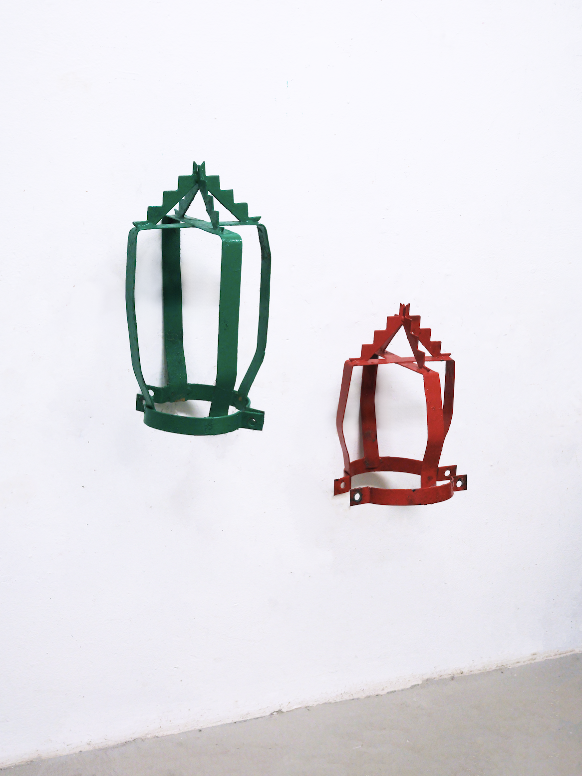 David L. Johnson 
Loiter (Stephen), 2026 
Removed standpipe spikes 

Green element 
39 × 21 × 23 cm 
15 1/4 × 8 1/4 × 9 in.  

Red element 
33 × 22 × 24 cm 
13 × 8 1/2 × 9 1/2 in. 