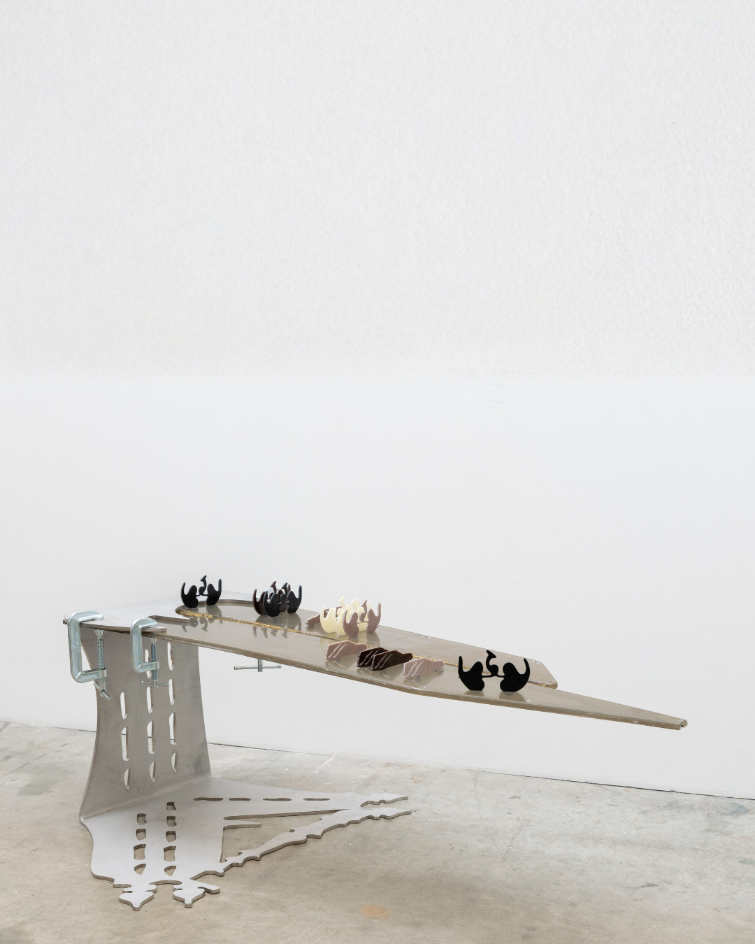 Sidony O’Neal 
B- program for bellicose blood obj, 2026 
Stainless steel, glass, polycarbonate, c-clamps 
91.44 x 60.96 x 48.26 cm 
36 x 24 x 19 in. 