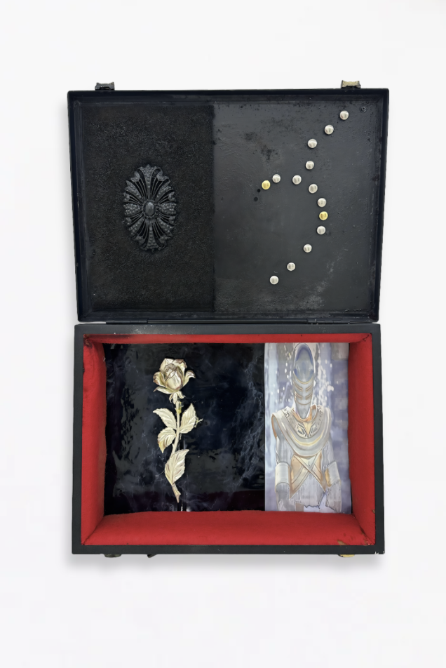 Ladji Diaby  
Anti-evil kit, 2026 
Briefcase, aerosol spray, self-adhesive paper, thumbtacks, digital images, belt buckle, plastic flower 
36.8 x 54 cm 
14.5 x 21.3 in. 
