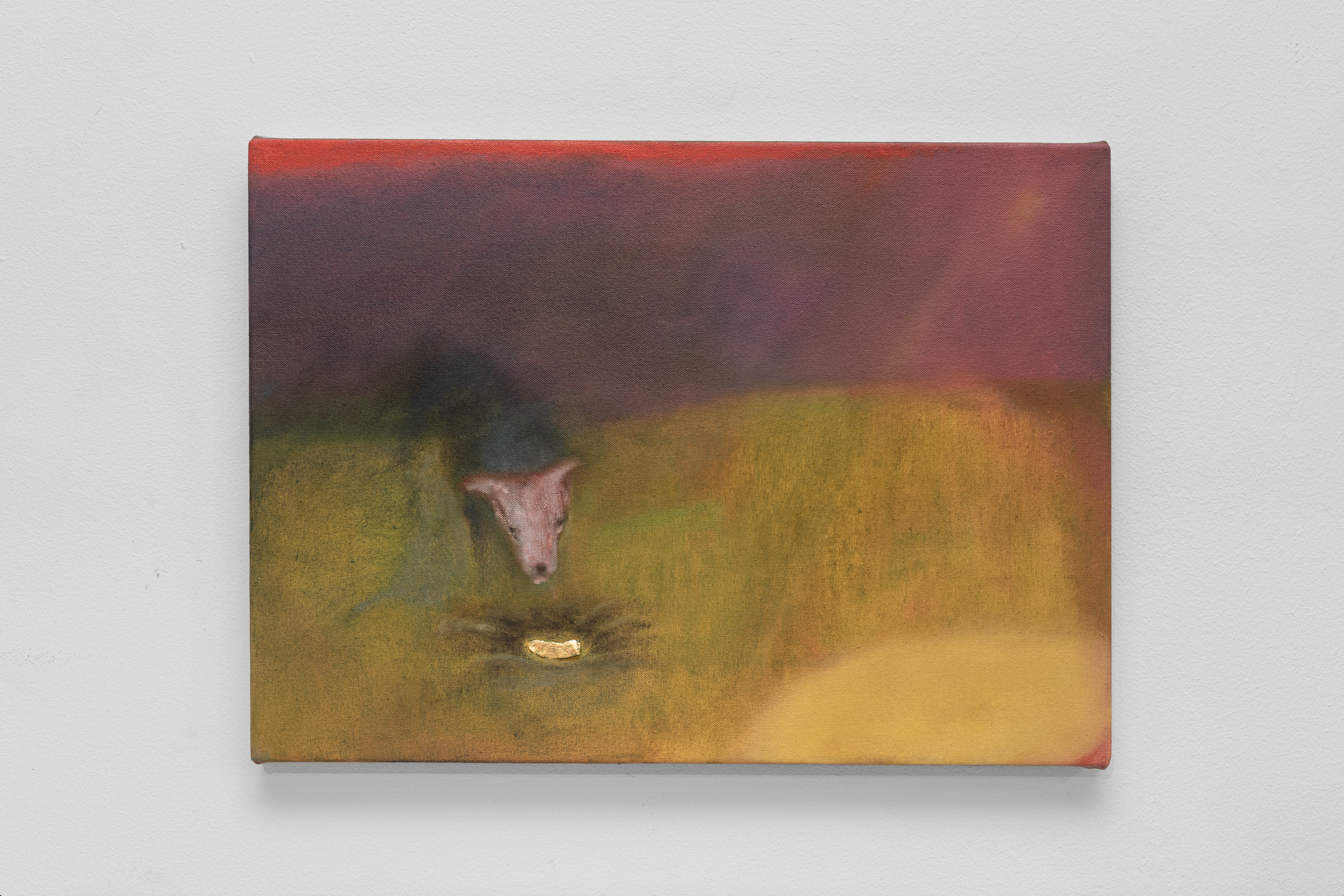 Dear John, the hope was strange because its nature was that of a bone, buried in the earth by a dog, 2025 
Oil, gold leaf and sycamore tree seed on canvas 
31 x 43.5 cm 
12.2 x 16.7 in. 