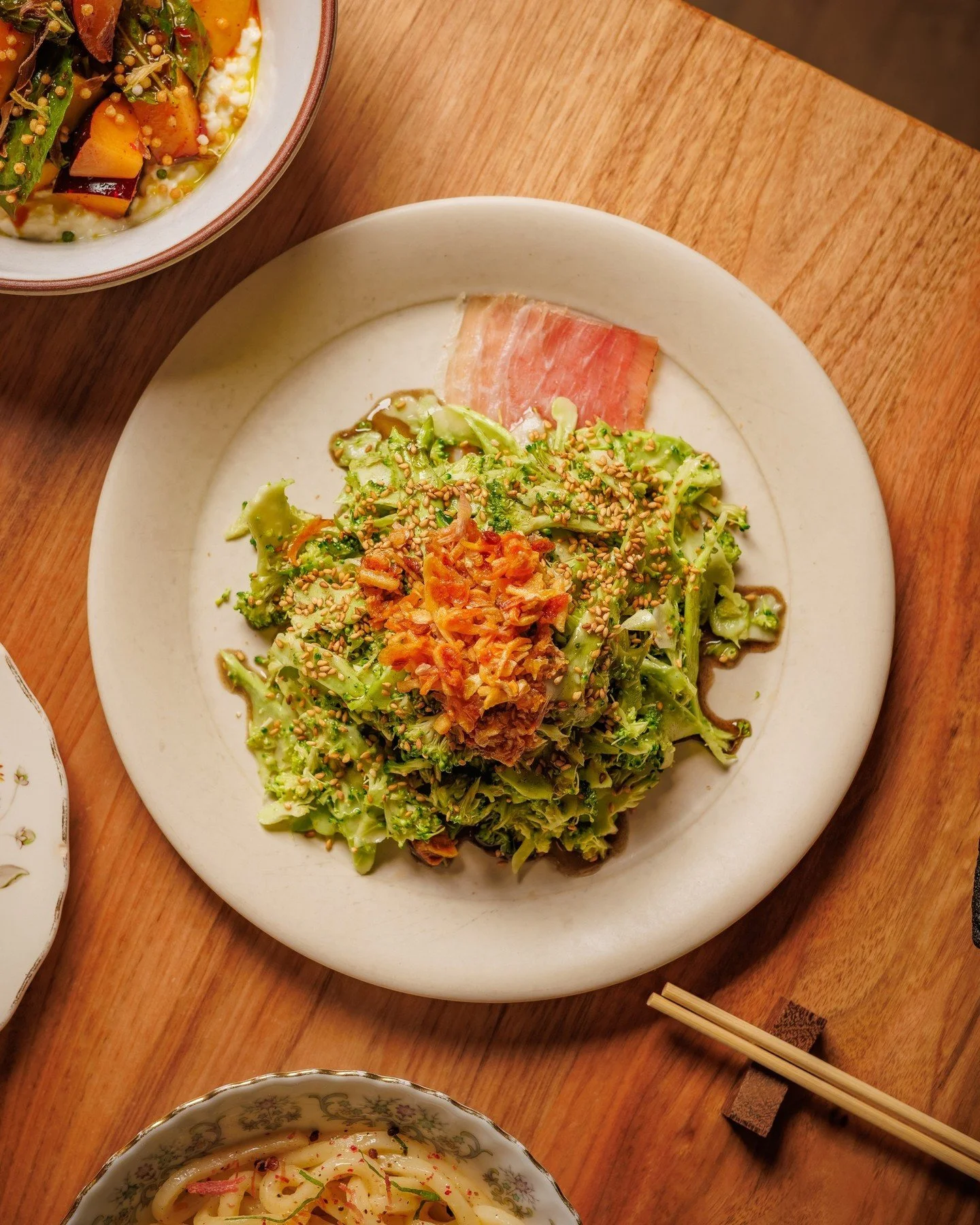 SHAVED BROCCOLI MISO GOMA: the dish you don&rsquo;t expect to crave&hellip; until you do. 

SHAVED BROCCOLI MISO GOMA // ham, burnt honey, crunchy ra-yu.