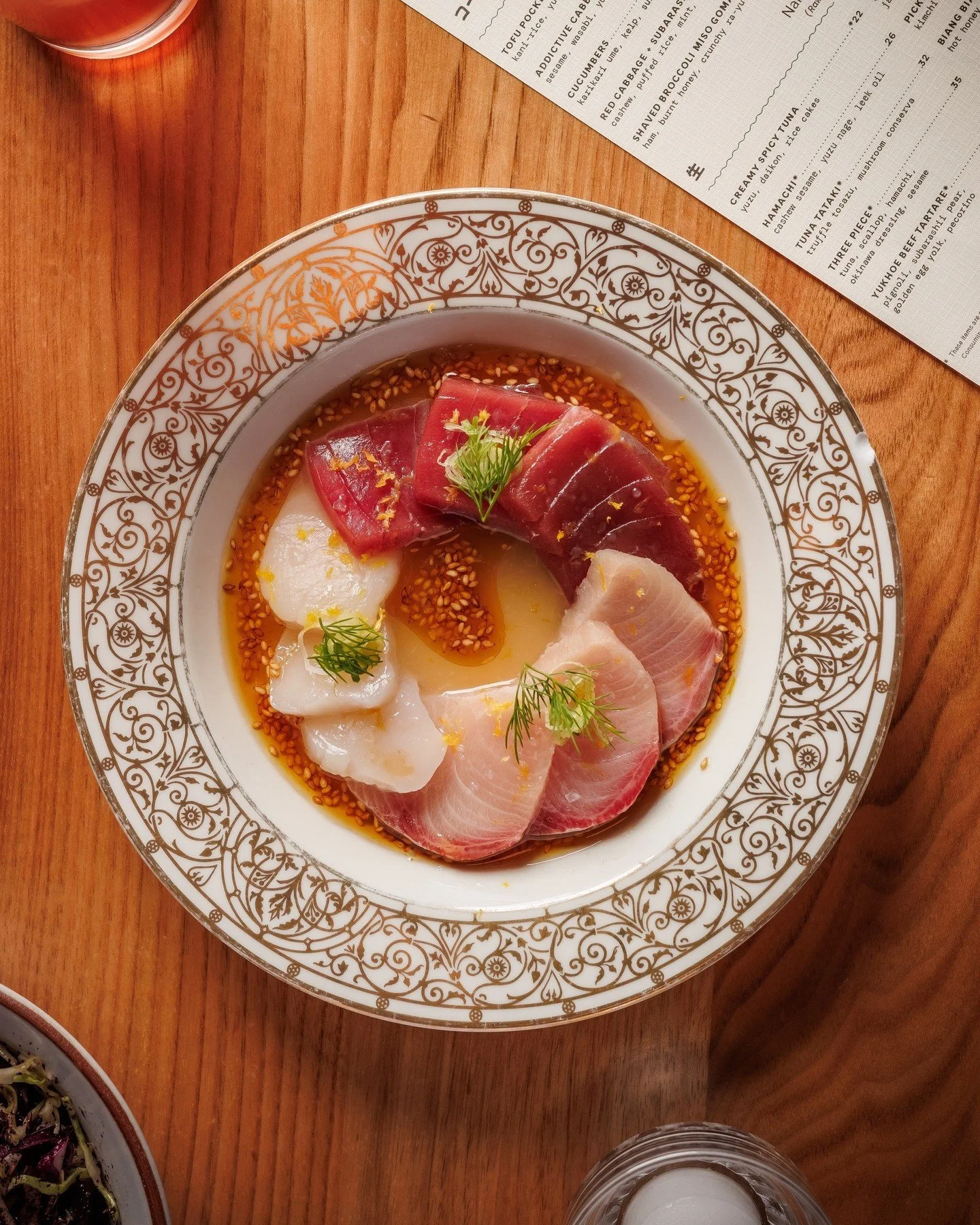 Pick your favorite. We won&rsquo;t tell. 🤭

THREE PIECE // tuna, scallop, hamachi, okinawa dressing, sesame.