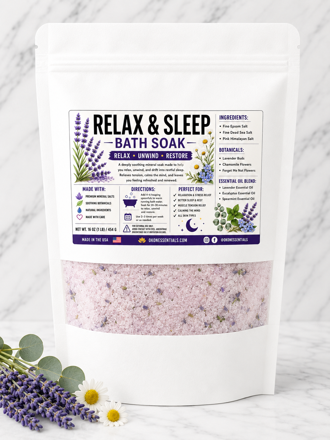 Relax & Sleep Bath Soak 16 oz | Lavender & Chamomile Mineral Bath Soak