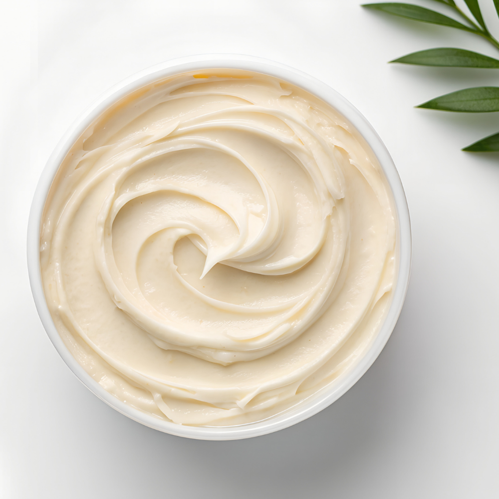 Creamy, smooth mayonnaise in a white bowl on a white surface, with green leaves in the top right corner.
