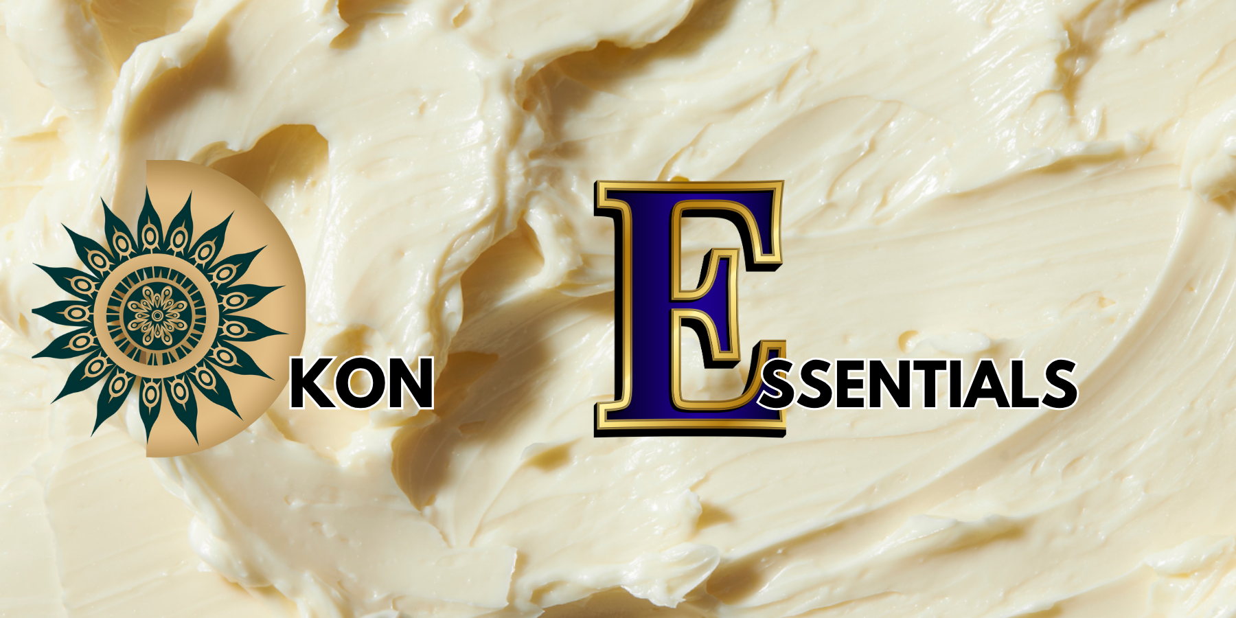 Close-up of butter or margarine with overlay text and logo: "OKON ESSENTIALS" with a gold and blue logo in the center.