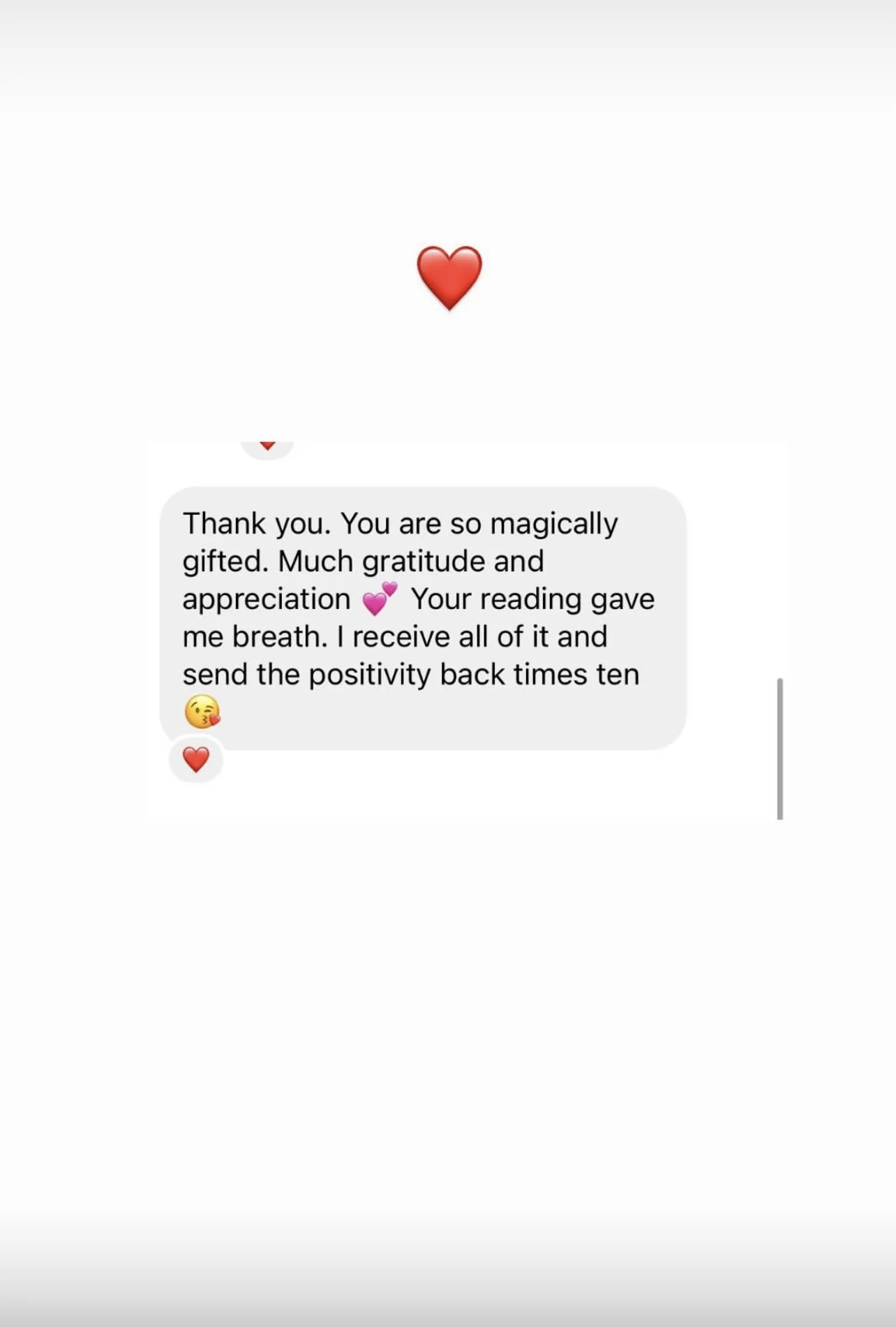 A screenshot of a text message conversation with love and appreciation emojis, including a red heart, pink hearts, and a kissing face.