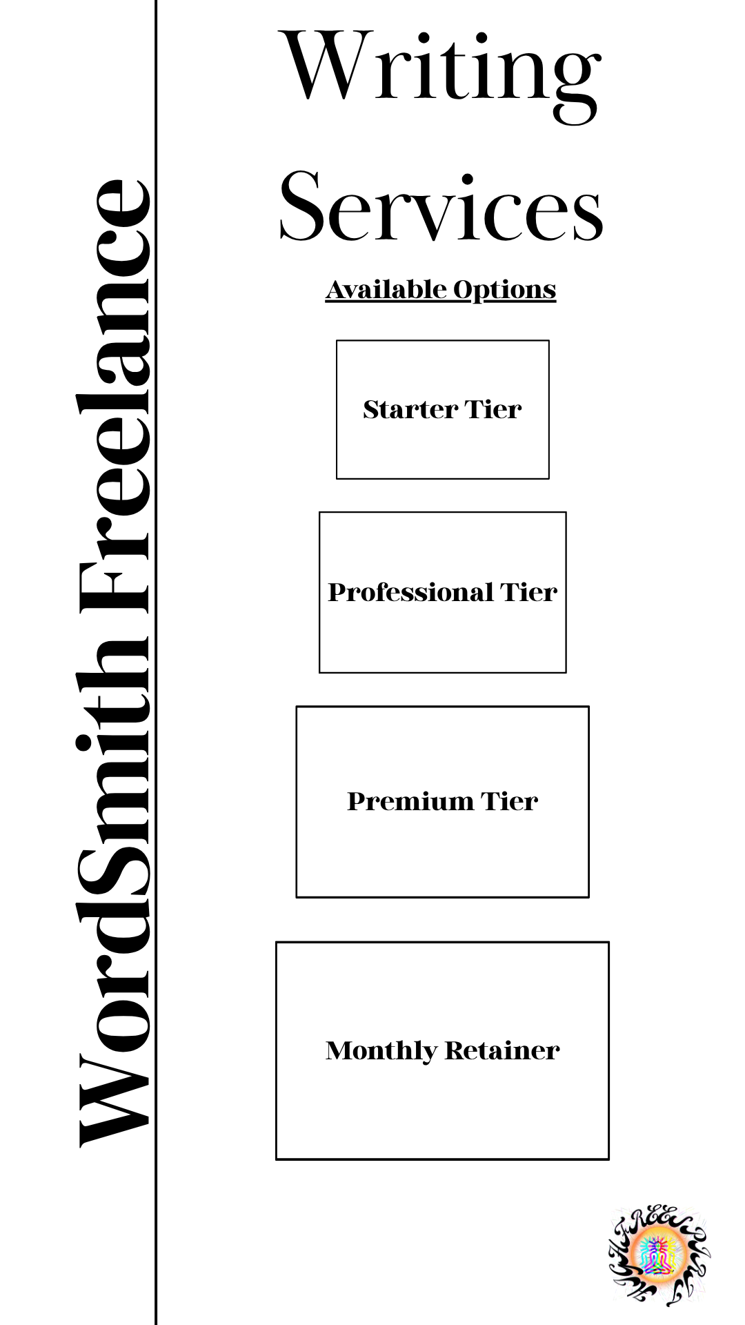 A black and white flyer advertising writing services, with options for different tiers of service listed in boxes: Starter Tier, Professional Tier, Premium Tier, and Monthly Retainer. The URL of the website is along the left side and a colorful logo is at the bottom right corner.