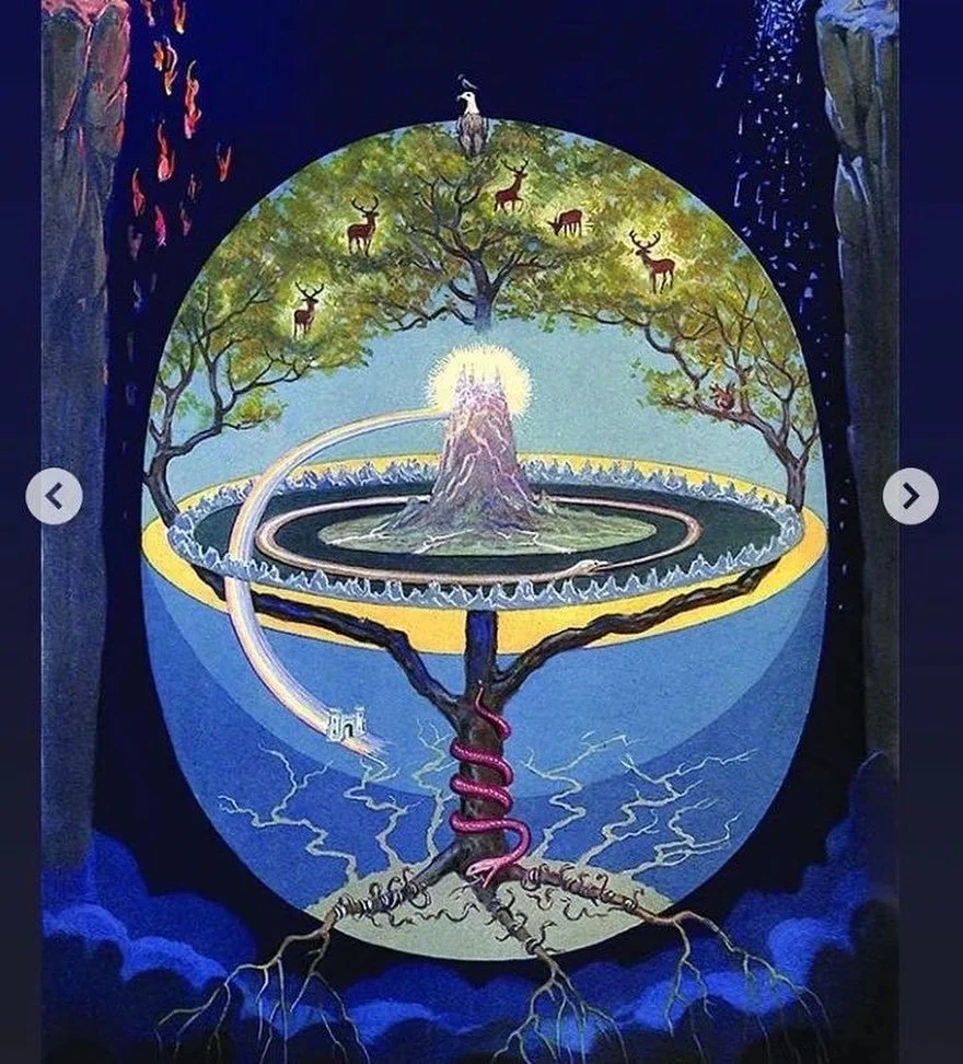A surreal, circular painting depicting a tree with a glowing light at its center, surrounded by animals like deer and an eagle, with roots extending into underground layers and waterfalls flowing from above.