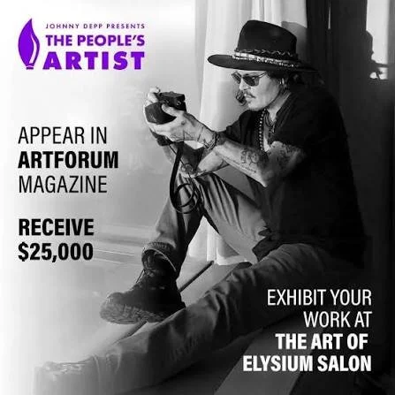Black and white image of a man with tattoos, wearing sunglasses and a wide-brimmed hat, sitting against the wall, looking at a small camera or phone in his hand. Promotional poster for Johnny Depp's 'The People's Artist' contest, offering a chance to appear in Artforum magazine, receive $25,000, and exhibit work at The Art of Elysium Salon.