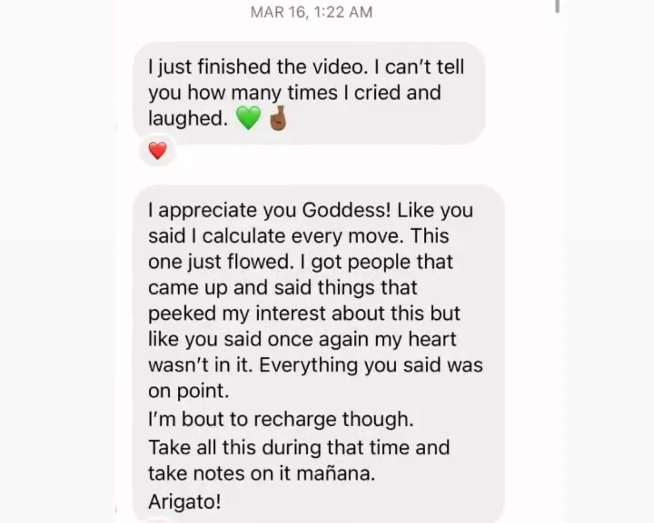 Text message conversation discussing a video, expressing emotions, gratitude, and plans to take notes next day.