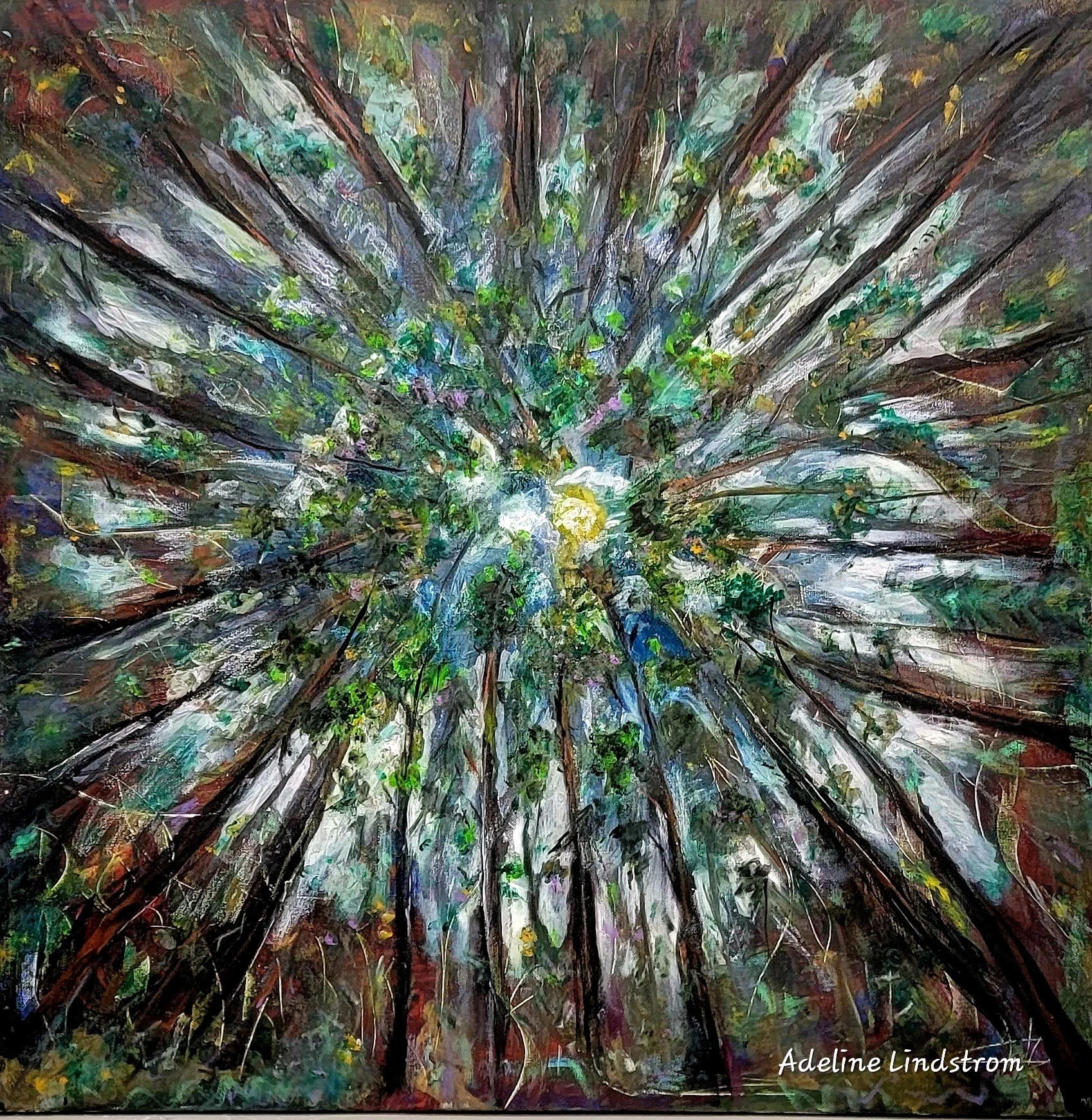 "Maple Tree Woods", oil, 48x48in. Painted before our move to Utah, to commemorate the tall forest that surrounding our home of 27yrs. 
