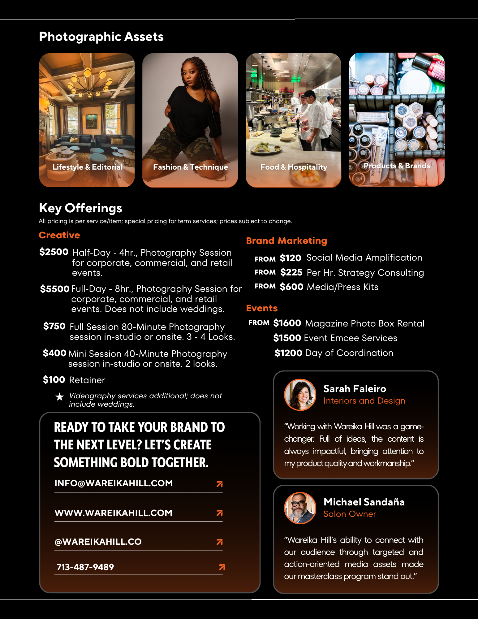 Marketing flyer listing photography services, prices, and contact information with images representing lifestyle, fashion, food, and products.