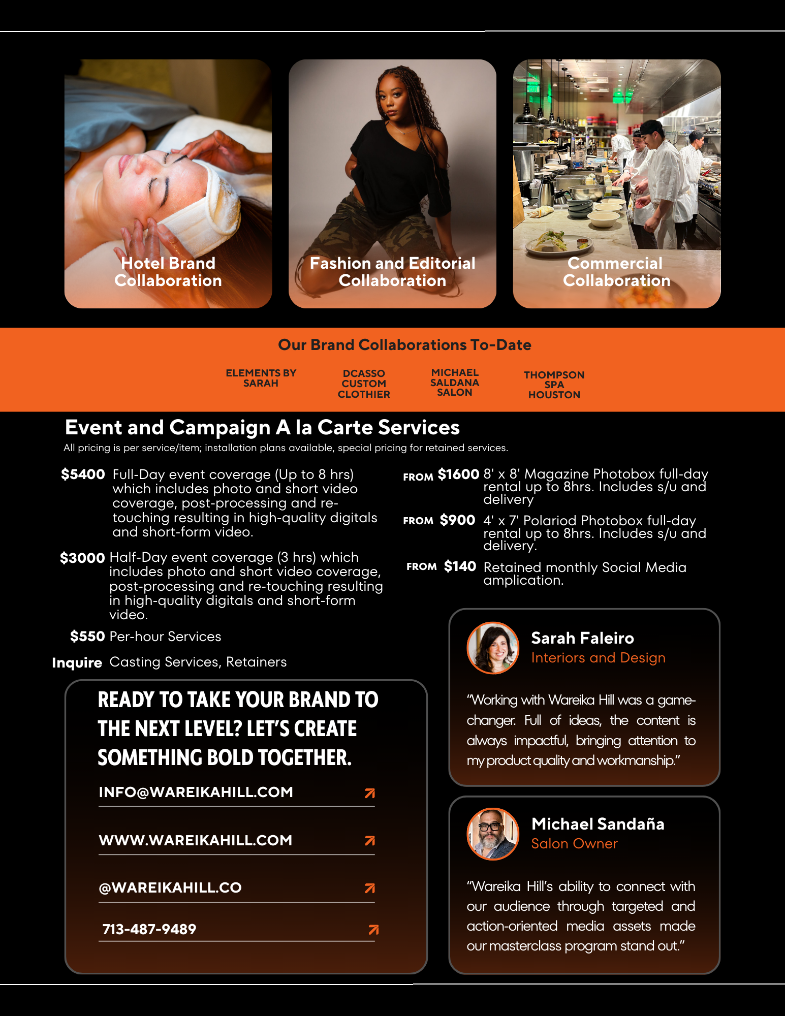 A collage featuring three images: a woman receiving a massage, a woman posing in casual clothing, and a commercial kitchen with chefs preparing food. Below, text outlines brand collaborations, event services pricing, contact information, and testimonials from Sarah Faleiro and Michael Sandaña.