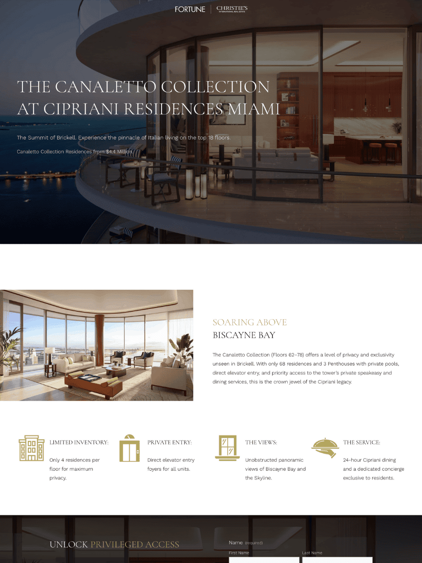 The Canaletto Miami Landing Page