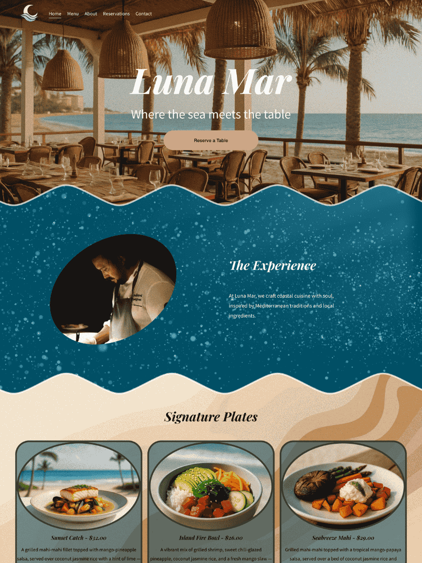 Homepage for Luna Mar restaurant with tropical beachside interior.