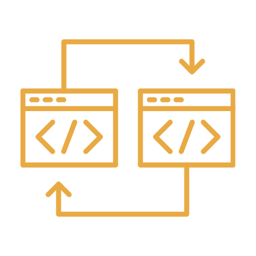 Icon showing two computer windows with code symbols, connected by arrows indicating data transfer or synchronization.