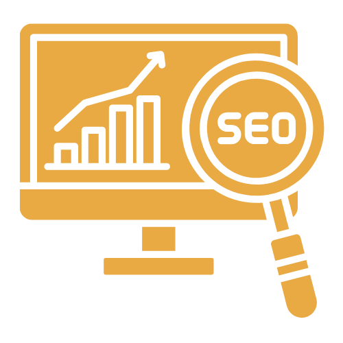 Computer monitor displaying a bar chart with an upward trend line and a magnifying glass labeled SEO.
