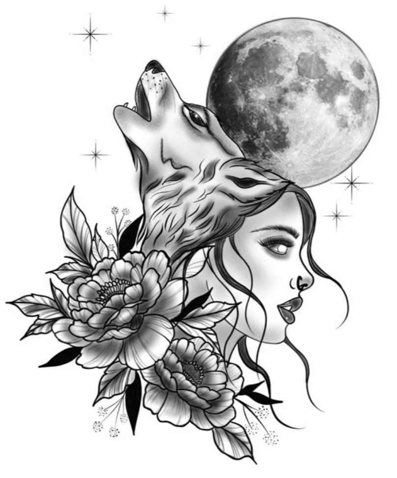 Black and white tattoo-style illustration of a woman's face in profile with long wavy hair, a wolf's head howling, large flowers, a full moon in the background, and stars.