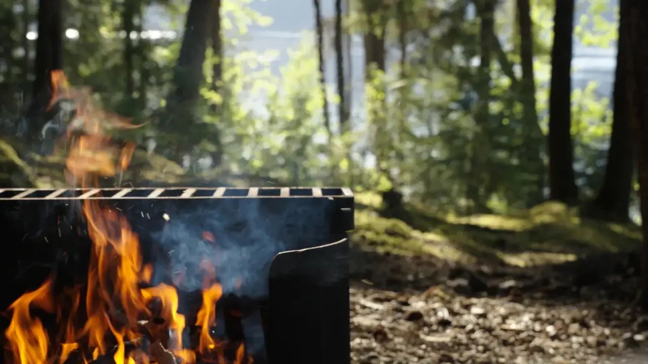 A campfire burning in a metal fire pit in a forest, with trees and green foliage in the background.
