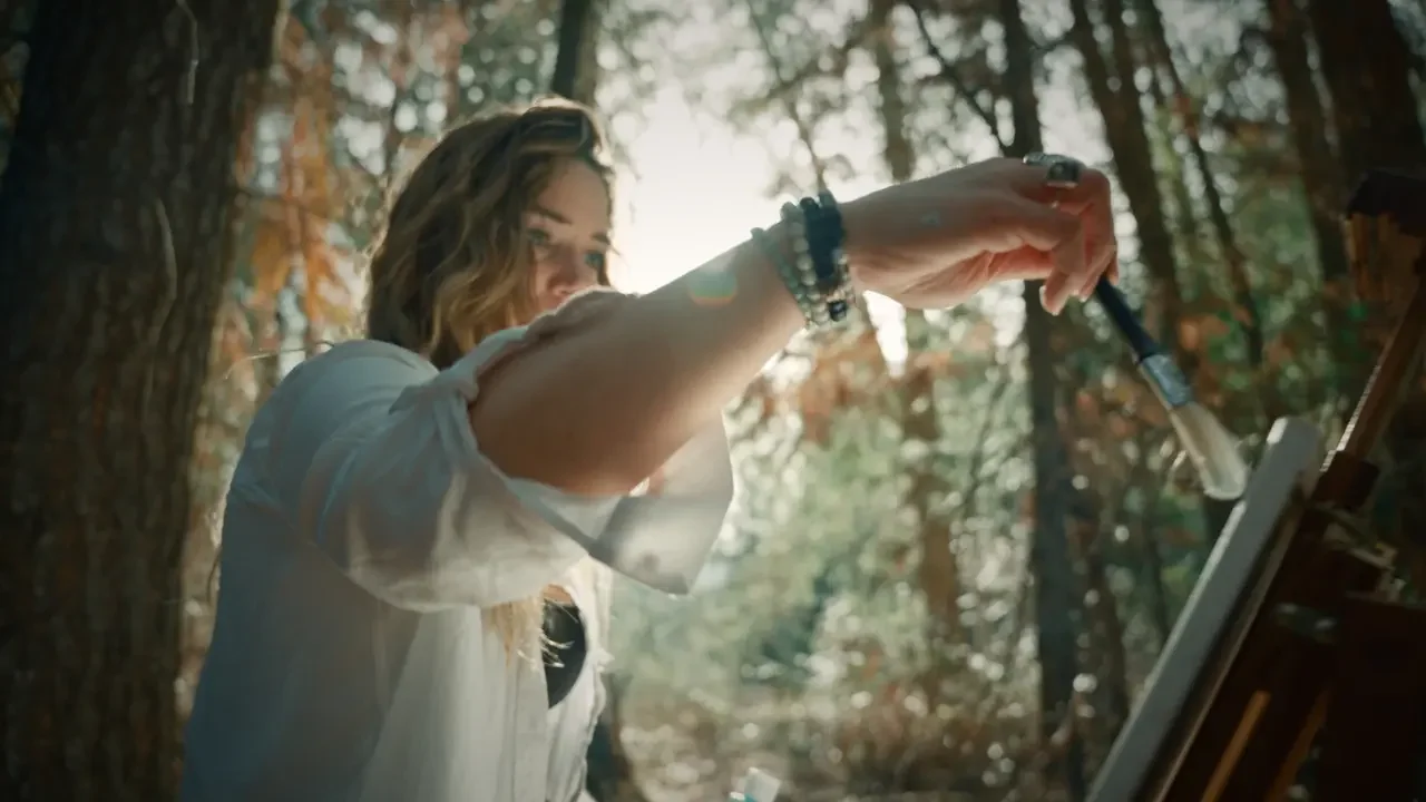 A woman with wavy hair wearing a white shirt, bracelets, and rings, holding a dropper while working outdoors in a wooded area.