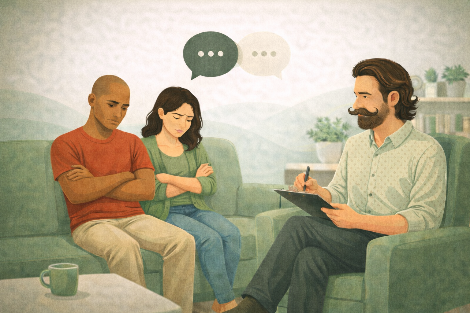 Therapist sitting on a green couch with two clients, a man and a woman, who appear upset. The therapist is holding a clipboard and writing notes, while the clients have crossed arms and a somber expression. Speech bubbles above suggest a conversation.