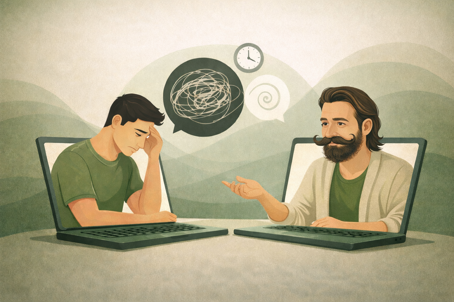 An illustration of a young man experiencing stress with a furrowed brow and hand on his forehead, while an older man with a beard and mustache offers advice. They are sitting at laptops, with speech bubbles above showing a tangled scribble, a clock, and a spiral, representing confusion or anxiety.