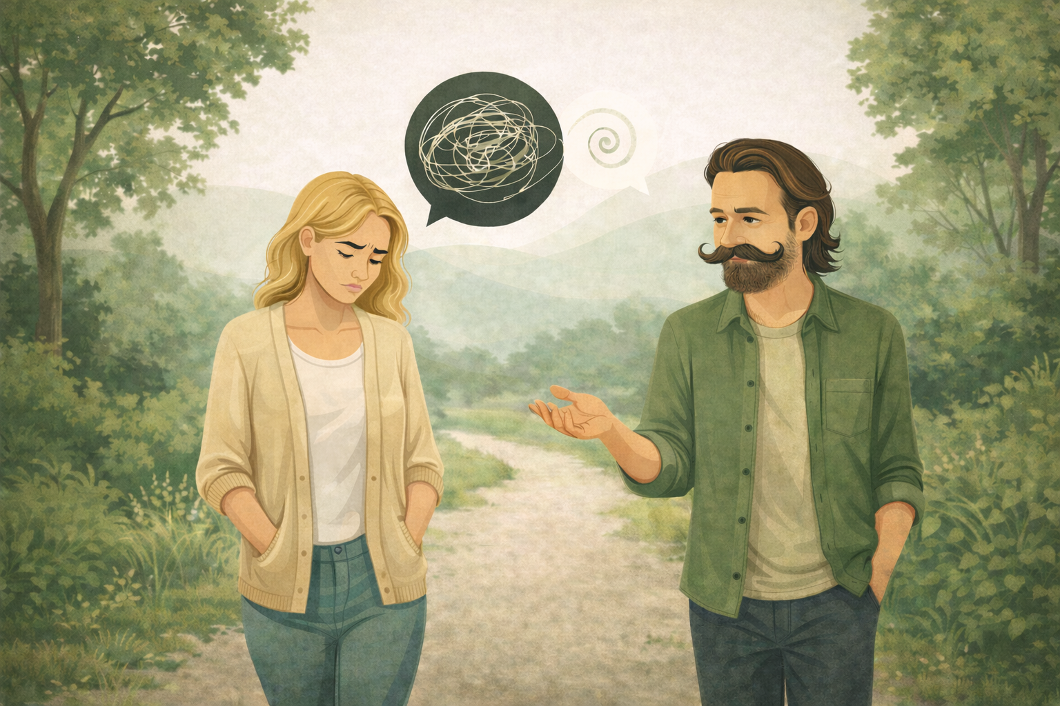 A man and a woman talking outdoors on a path surrounded by trees. The woman looks upset with her hands in her pockets, while the man gestures with his hand. There is a speech bubble with a scribbled black circle above her head, indicating confusion or frustration.