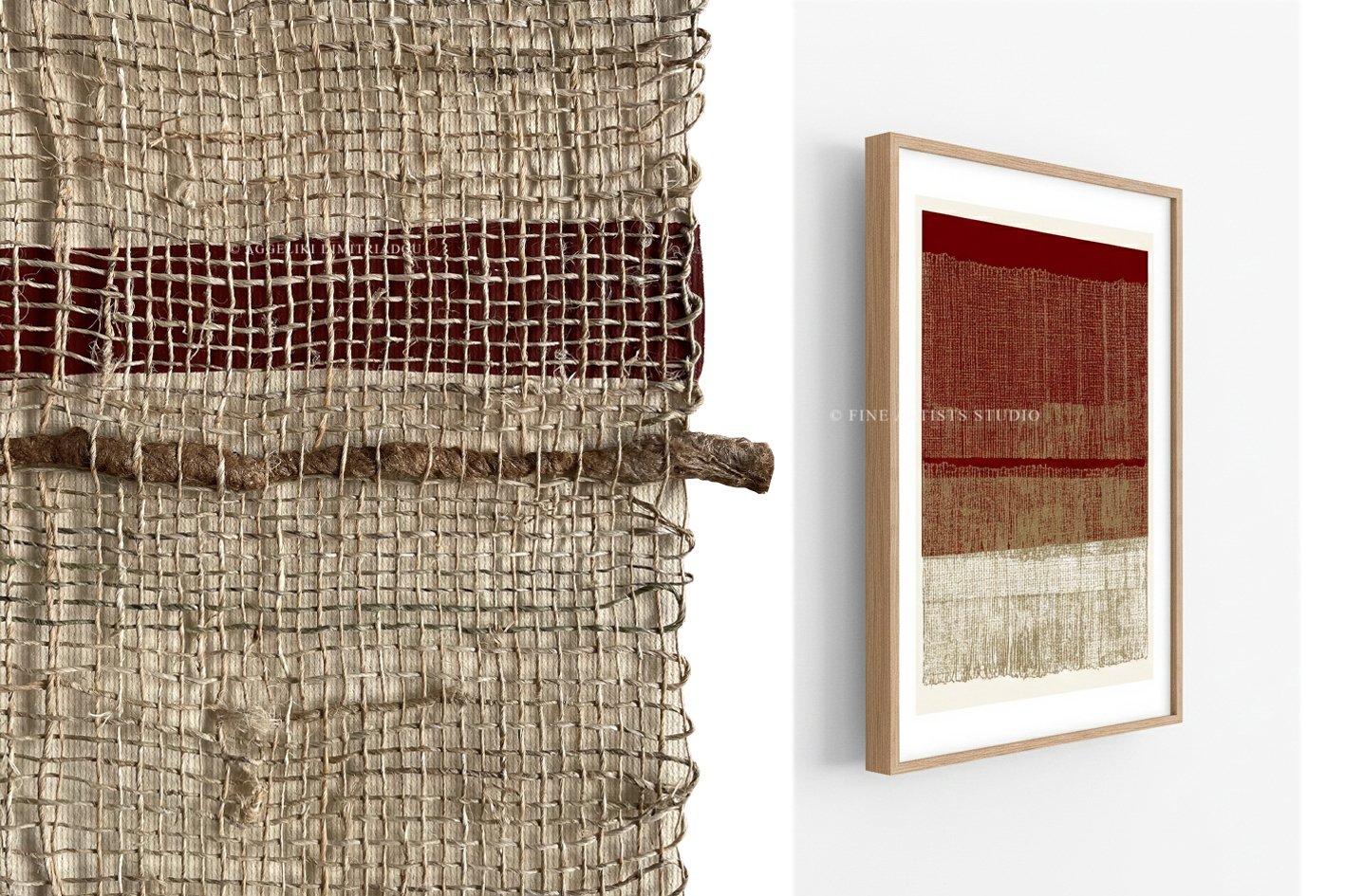 A split-screen image showing a detailed close-up of a rustic, hand-woven burlap textile with a dark red fabric stripe on the left, and the framed abstract art print "Terra" hanging on a white wall on the right.