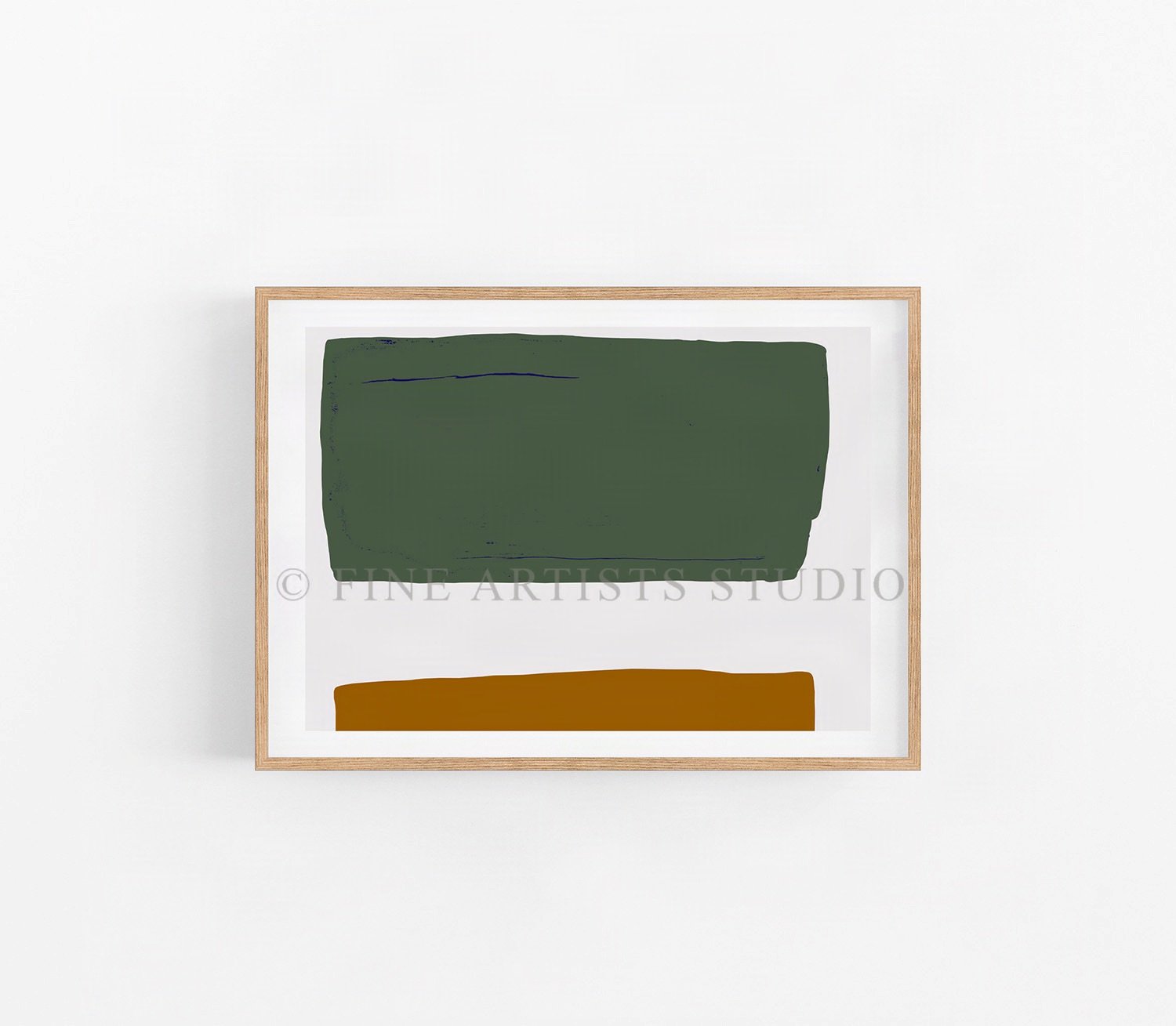Vertical abstract fine art print featuring structured minimalist geometric blocks in organic moss green and deep earthy brown on an off-white canvas.