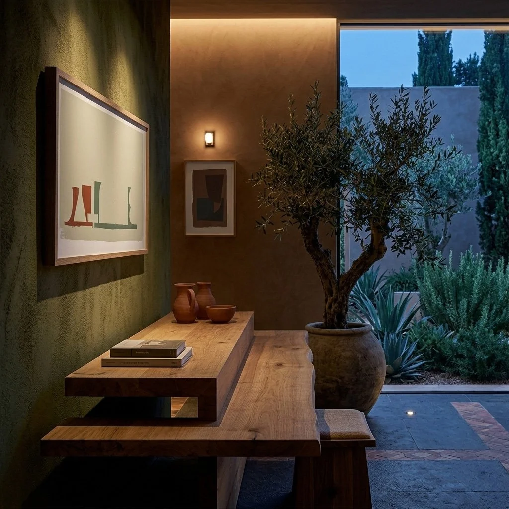 Atmospheric evening interior with warm lighting, showcasing a panoramic abstract artwork on a green textured wall, creating a sophisticated and calm Mediterranean mood.