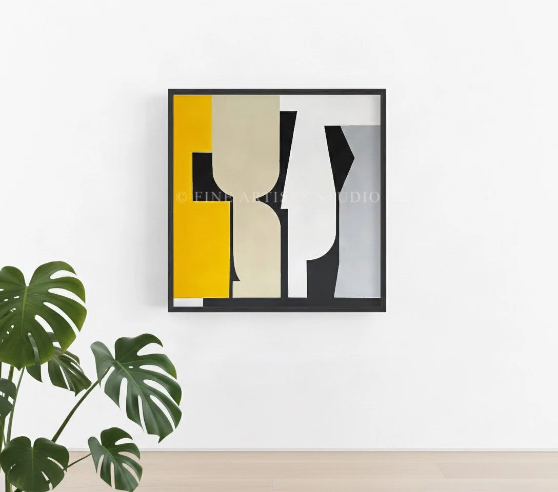 An angled perspective of the framed abstract painting "Signal VIII" showcasing its yellow, black, and white composition on a gallery wall.