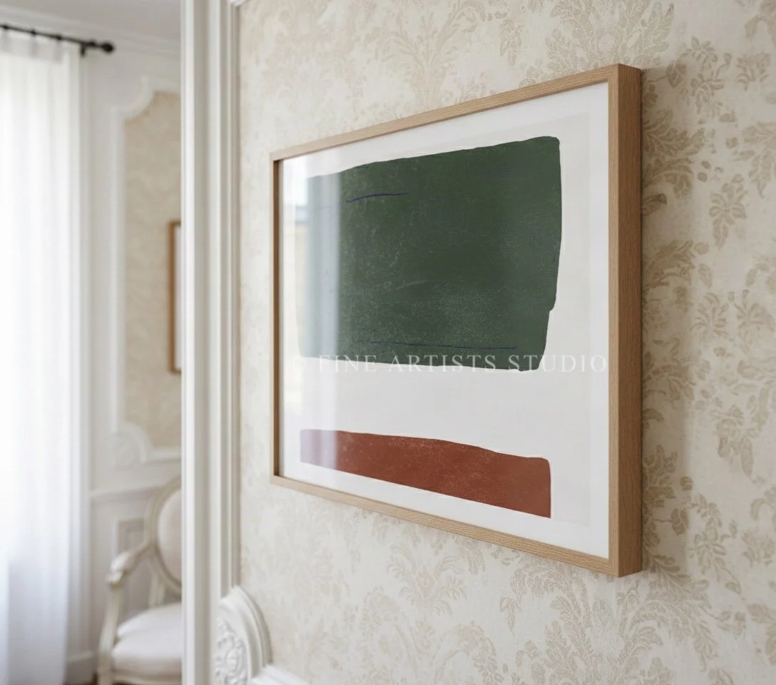 Ethereal green and brown abstract shape print styled in a mid-century modern room, hanging on a warm beige wall.