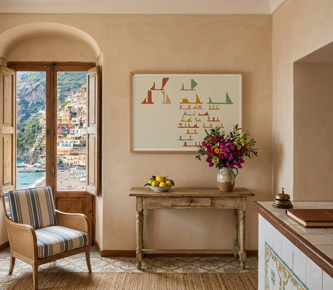 Side perspective of the On the Drift No. 08 frame on a rustic stone wall, highlighting the natural wood texture and the clean lines of the Mediterranean-inspired artwork.