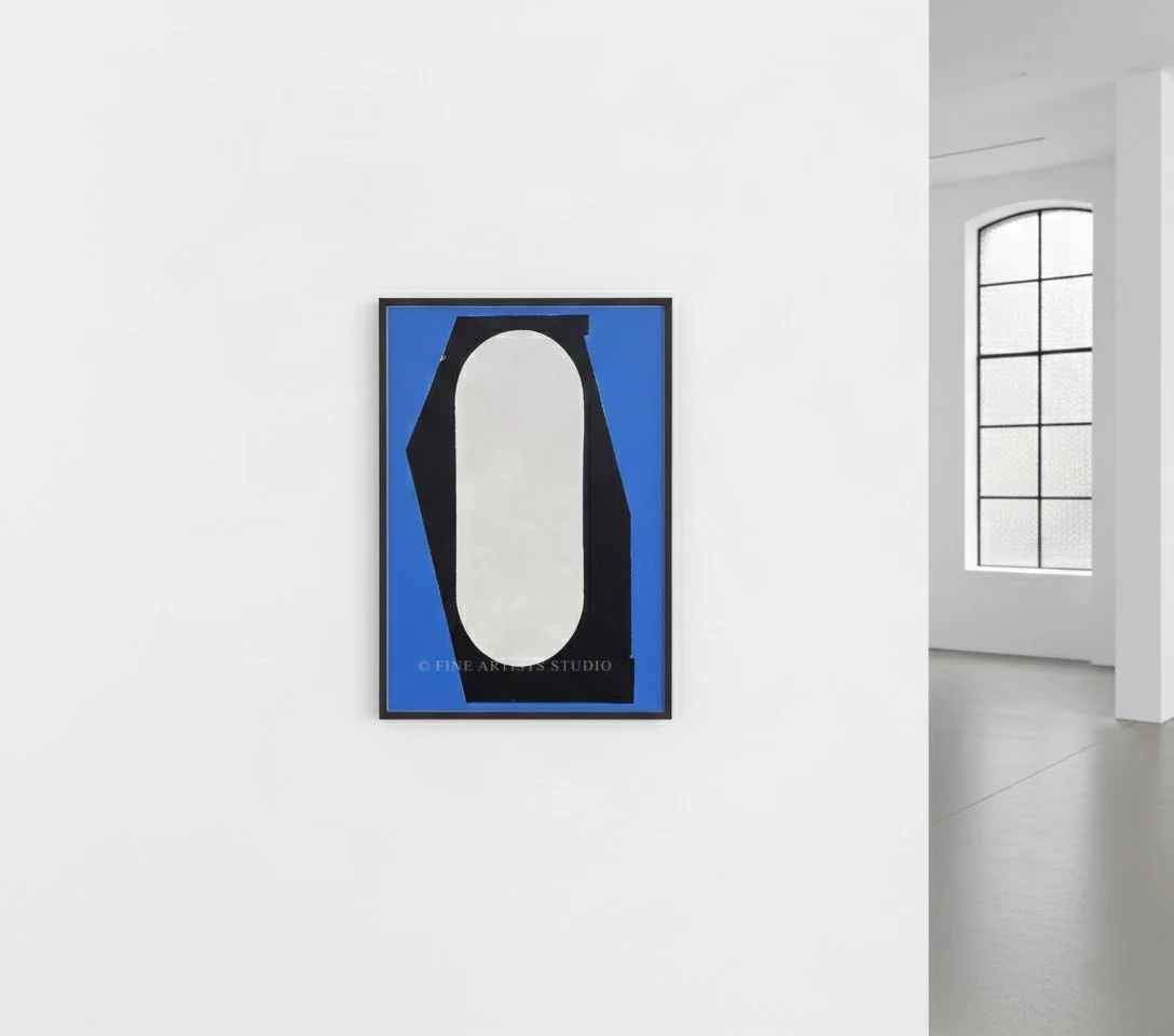 "Signal II" abstract painting centered on a large white gallery wall, looking toward a polished concrete floor and a tall industrial arched window.