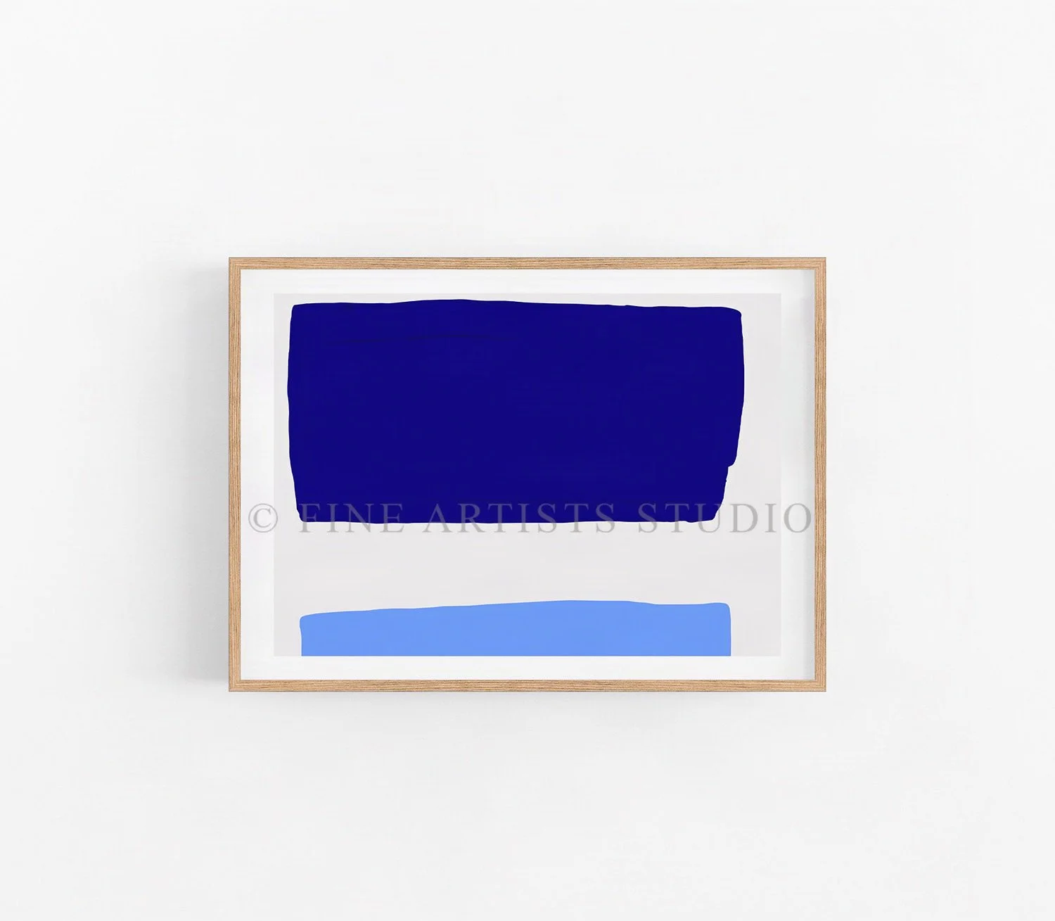 Vertical abstract fine art print featuring structured minimalist geometric shapes in deep cobalt blue and light sky blue on an off-white canvas.
