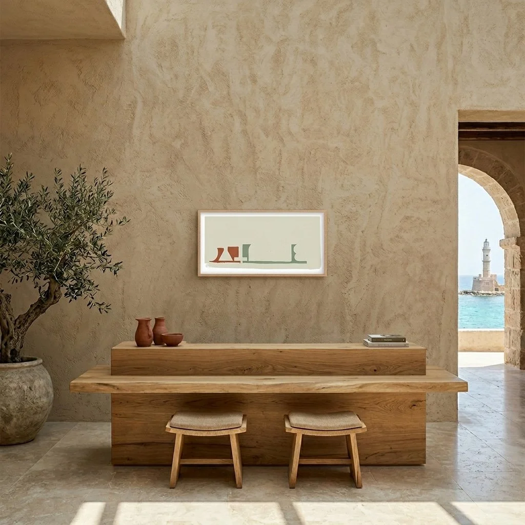 Minimalist Mediterranean outdoor dining area with a lighthouse view, featuring a large panoramic abstract art print on a textured stone wall above a raw wood table.