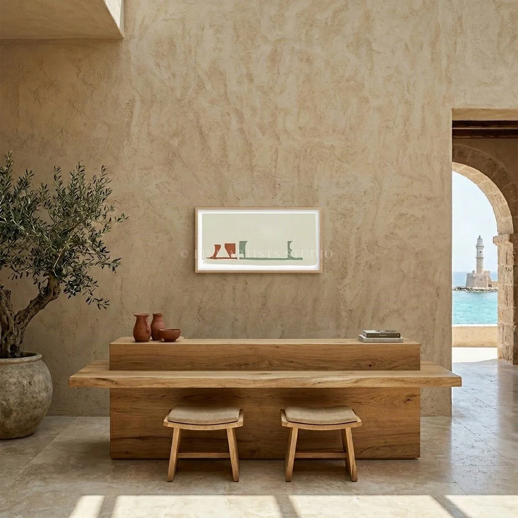 Panoramic horizontal abstract print framed on a textured olive green plaster wall during the evening, above a raw wood dining set lit by warm ambient light.