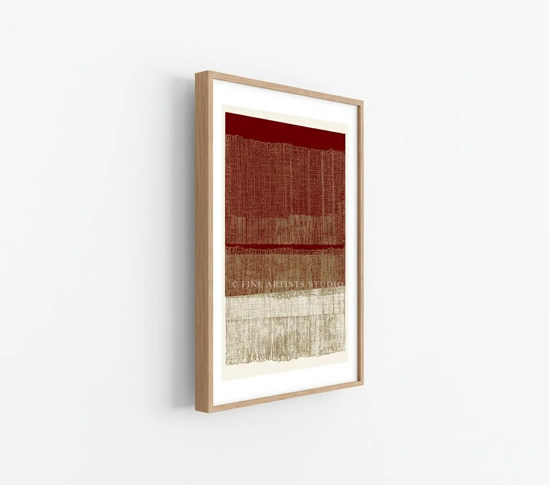 Angled side view of a minimalist fine art print with burgundy and terracotta earth tones, framed in a light oak wooden frame against a seamless bright white wall.