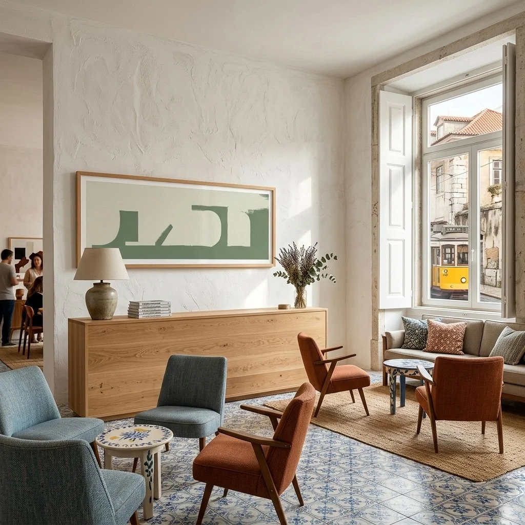 Minimalist nautical abstract art from the On the Drift collection styled in a luxury Sardinian hotel lobby with Mediterranean sea views.