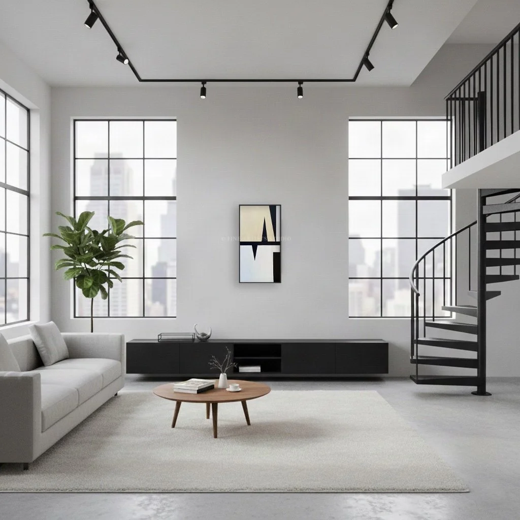 Modern minimalist painting "Signal V" displayed in a living room interior on a dark grey accent wall.