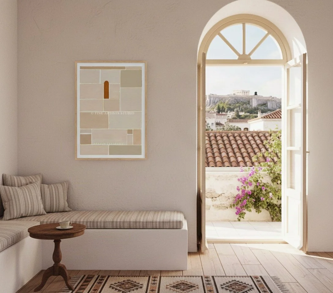 Framed abstract print SCHEMA III by Aggeliki Dimitriadou for Fine Artists studio on a plaster wall over a dark wood table next to an open window.